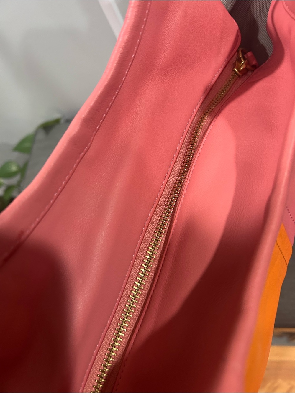 Coach Bea Tote in colorblock taffy pink and orange design. - Picture 4 of 8